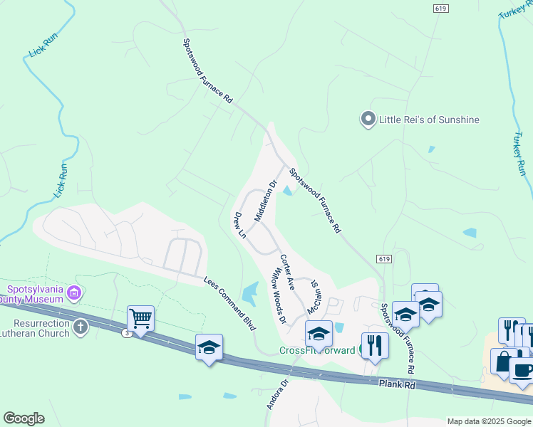 map of restaurants, bars, coffee shops, grocery stores, and more near 7309 Middleton Drive in Fredericksburg