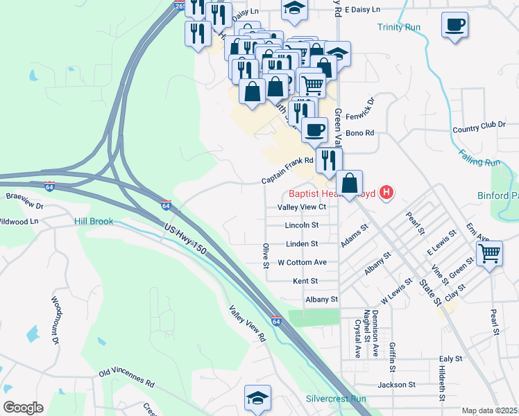 map of restaurants, bars, coffee shops, grocery stores, and more near 2011 Olive Street in New Albany