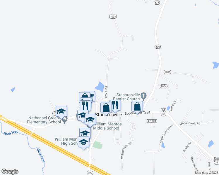 map of restaurants, bars, coffee shops, grocery stores, and more near 268 Ford Avenue in Stanardsville