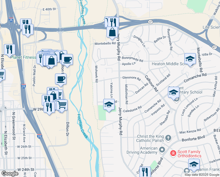 map of restaurants, bars, coffee shops, grocery stores, and more near 1817 Yakima Lane in Pueblo