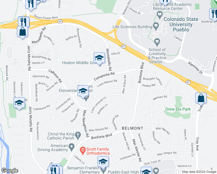 map of restaurants, bars, coffee shops, grocery stores, and more near 61 Macnaughton Road in Pueblo