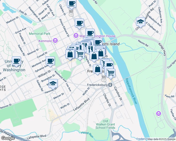 map of restaurants, bars, coffee shops, grocery stores, and more near 406 Hanover Street in Fredericksburg