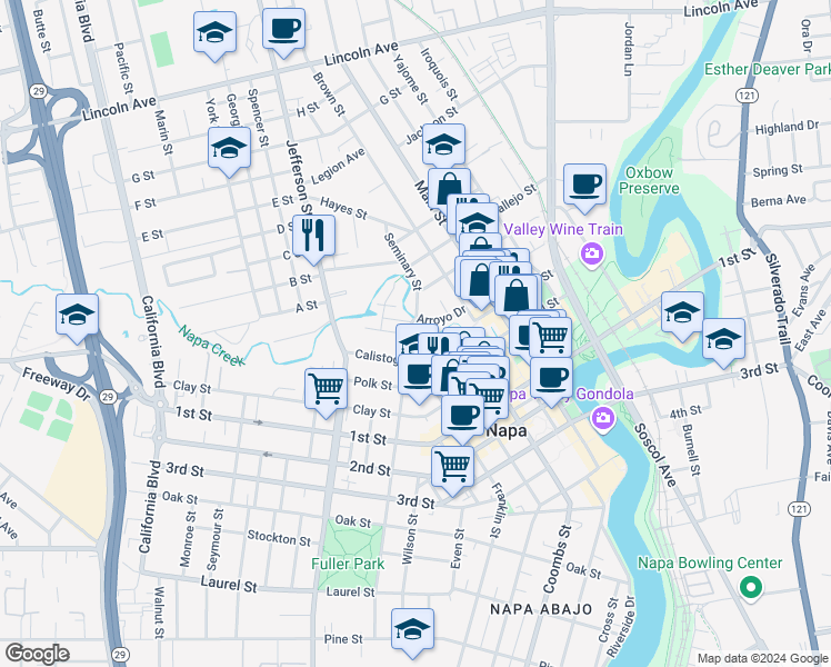 map of restaurants, bars, coffee shops, grocery stores, and more near 1400 Seminary Street in Napa