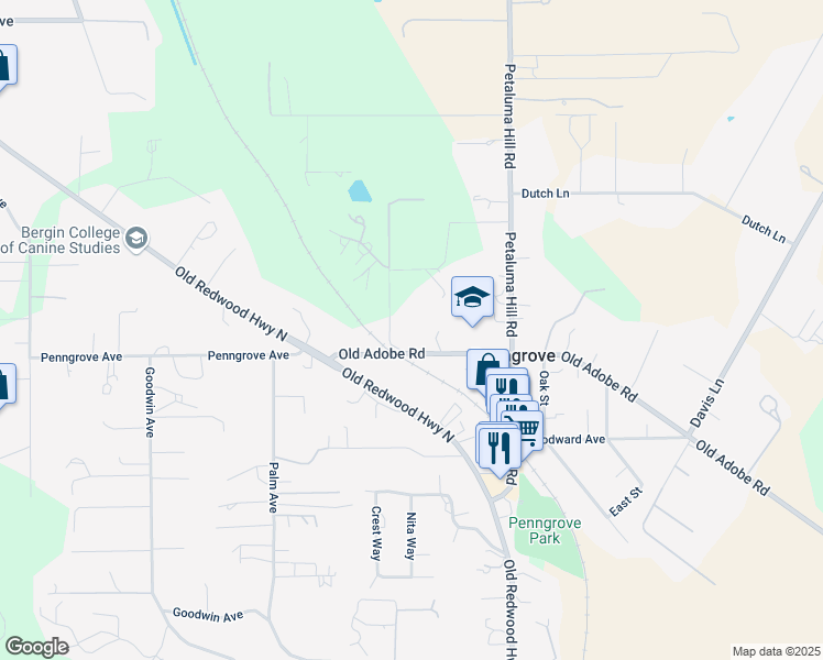 map of restaurants, bars, coffee shops, grocery stores, and more near 694 Matsons Lane in Penngrove