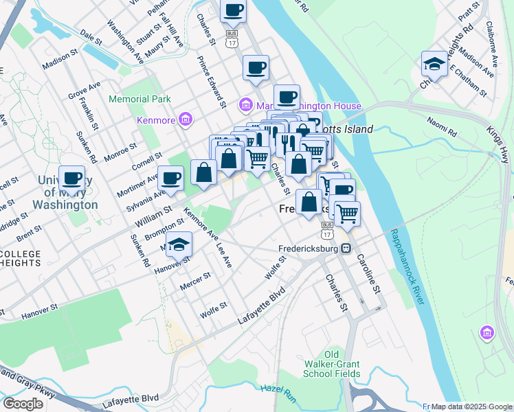 map of restaurants, bars, coffee shops, grocery stores, and more near 505 Hanover Street in Fredericksburg
