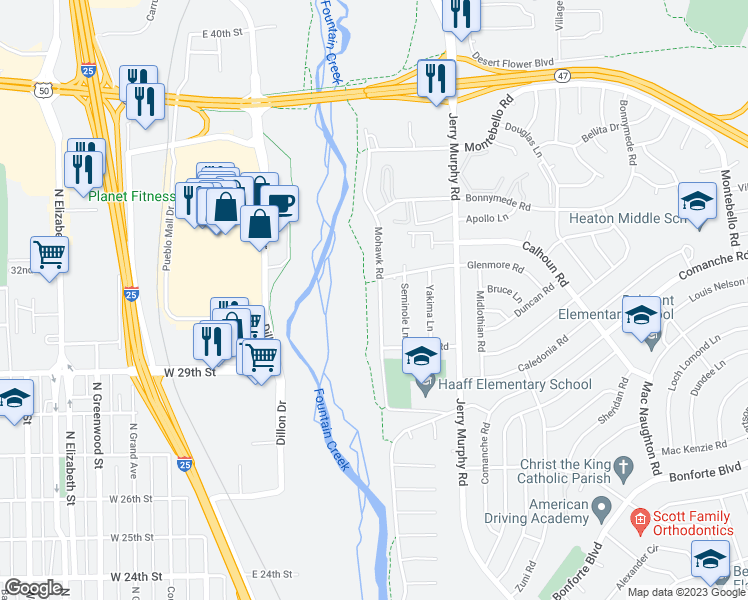 map of restaurants, bars, coffee shops, grocery stores, and more near 1819 Mohawk Road in Pueblo