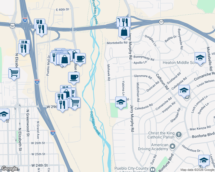 map of restaurants, bars, coffee shops, grocery stores, and more near 2 Glenmore Road in Pueblo