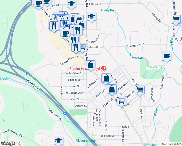 map of restaurants, bars, coffee shops, grocery stores, and more near 1919 State Street in New Albany