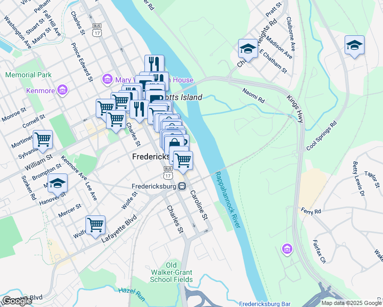 map of restaurants, bars, coffee shops, grocery stores, and more near 605 Sophia Street in Fredericksburg