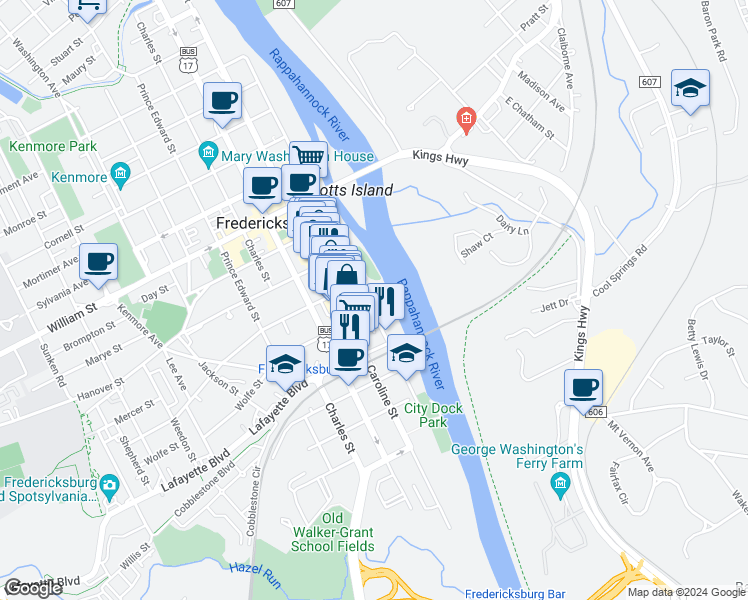map of restaurants, bars, coffee shops, grocery stores, and more near 605 Sophia Street in Fredericksburg
