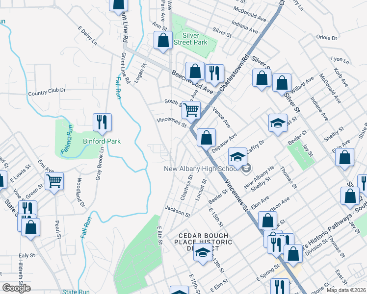 map of restaurants, bars, coffee shops, grocery stores, and more near 1525 Charlestown Road in New Albany