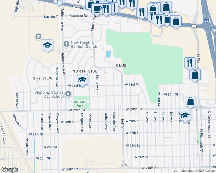 map of restaurants, bars, coffee shops, grocery stores, and more near 3101 Cascade Avenue in Pueblo