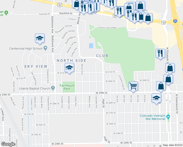 map of restaurants, bars, coffee shops, grocery stores, and more near 1624 West 31st Street in Pueblo