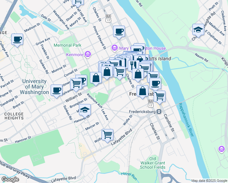 map of restaurants, bars, coffee shops, grocery stores, and more near 530 George Street in Fredericksburg