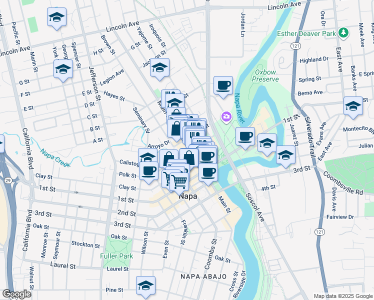 map of restaurants, bars, coffee shops, grocery stores, and more near 1030 Clinton Street in Napa
