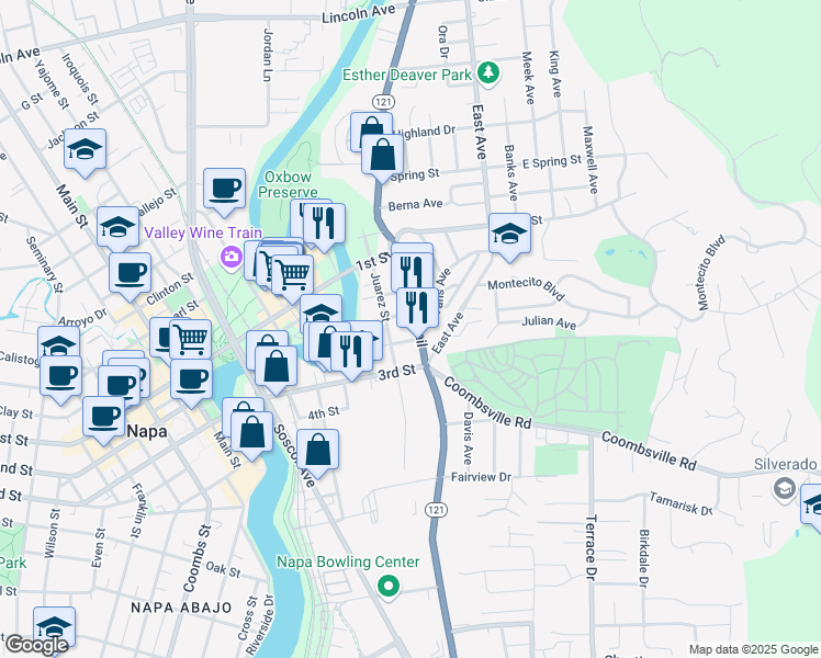 map of restaurants, bars, coffee shops, grocery stores, and more near 391 Post Street in Napa