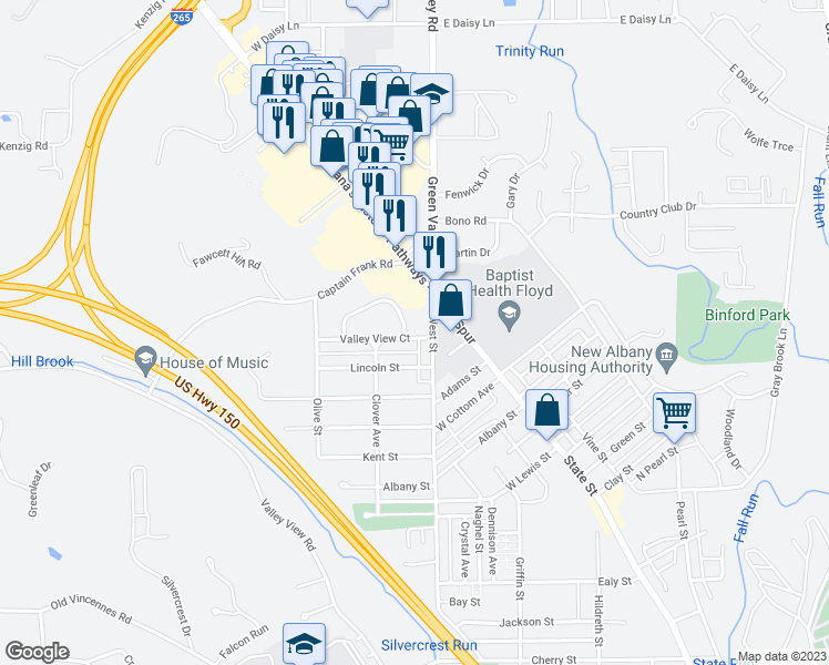 map of restaurants, bars, coffee shops, grocery stores, and more near 1 Valley View Court in New Albany
