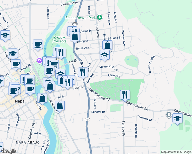 map of restaurants, bars, coffee shops, grocery stores, and more near 1040 East Avenue in Napa
