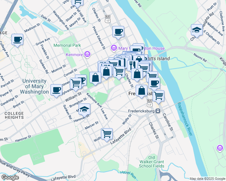 map of restaurants, bars, coffee shops, grocery stores, and more near 530 George Street in Fredericksburg