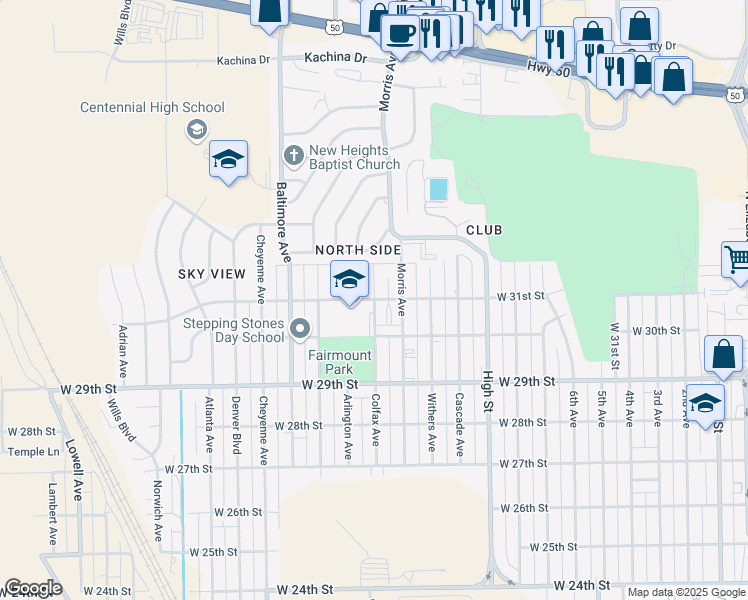 map of restaurants, bars, coffee shops, grocery stores, and more near 1900 West 31st Street in Pueblo