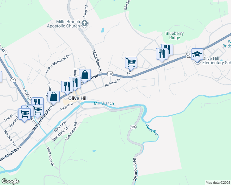 map of restaurants, bars, coffee shops, grocery stores, and more near 416 Cs-2031 in Olive Hill