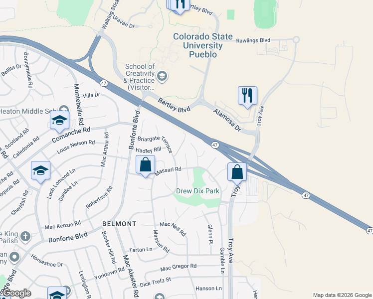 map of restaurants, bars, coffee shops, grocery stores, and more near 17 Carefree Lane in Pueblo