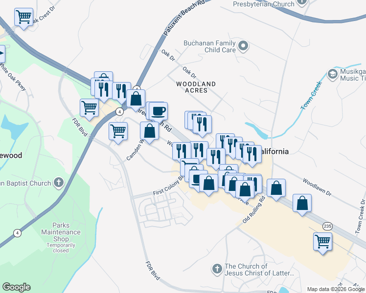 map of restaurants, bars, coffee shops, grocery stores, and more near 23069 Three Notch Road in California