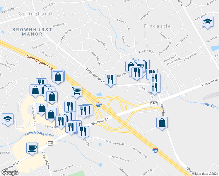 map of restaurants, bars, coffee shops, grocery stores, and more near 4110 Hampton Lake Way in Louisville