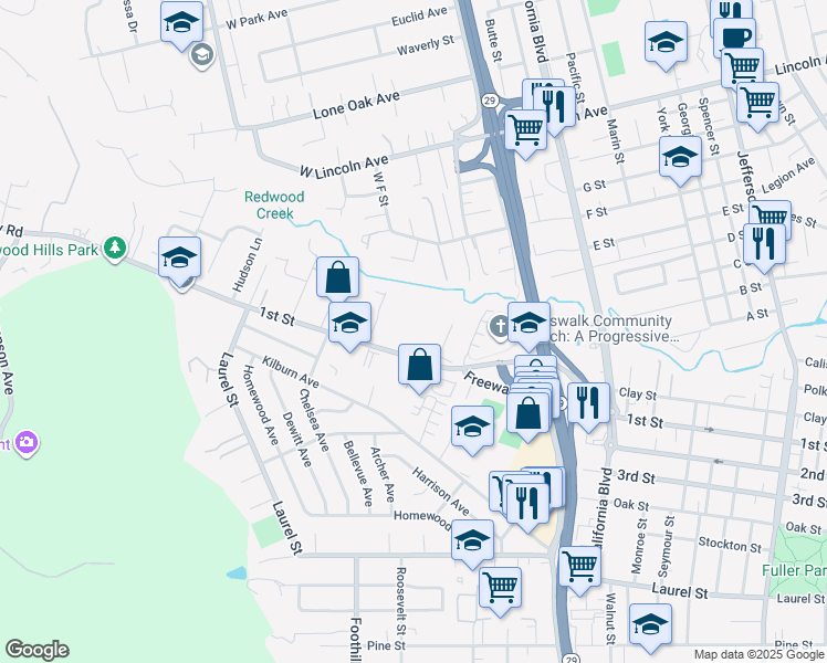 map of restaurants, bars, coffee shops, grocery stores, and more near 2656 1st Street in Napa