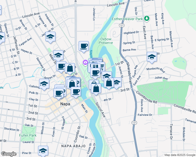 map of restaurants, bars, coffee shops, grocery stores, and more near 633 1st Street in Napa