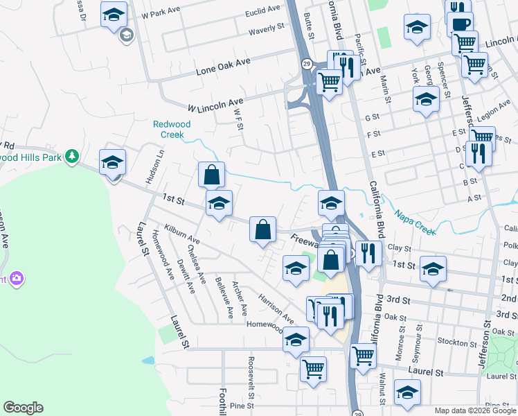 map of restaurants, bars, coffee shops, grocery stores, and more near 2656 1st Street in Napa