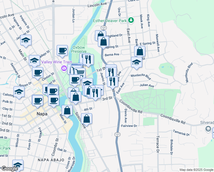 map of restaurants, bars, coffee shops, grocery stores, and more near 391 Post Street in Napa