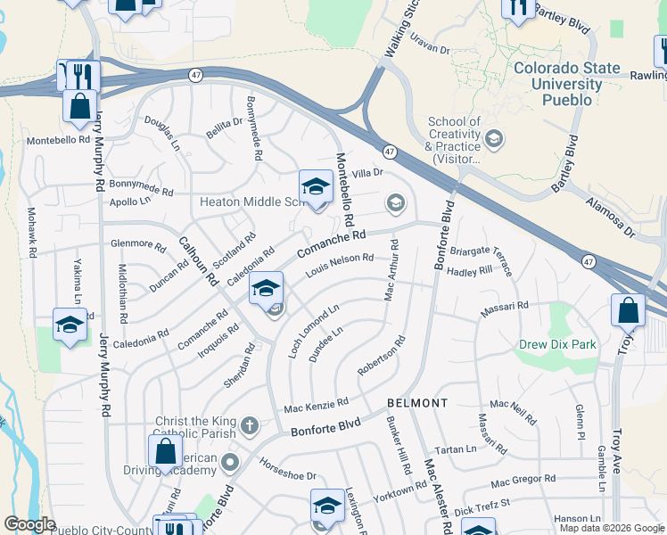 map of restaurants, bars, coffee shops, grocery stores, and more near 59 Louis Nelson Road in Pueblo