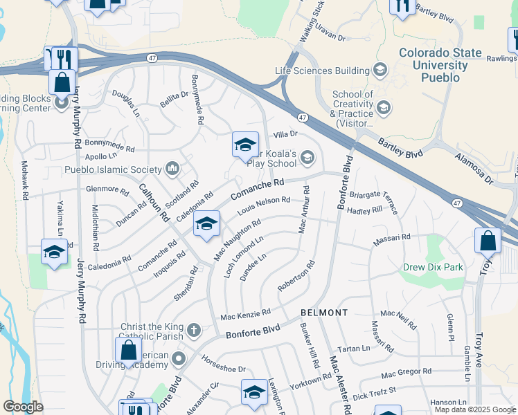 map of restaurants, bars, coffee shops, grocery stores, and more near 59 Louis Nelson Road in Pueblo