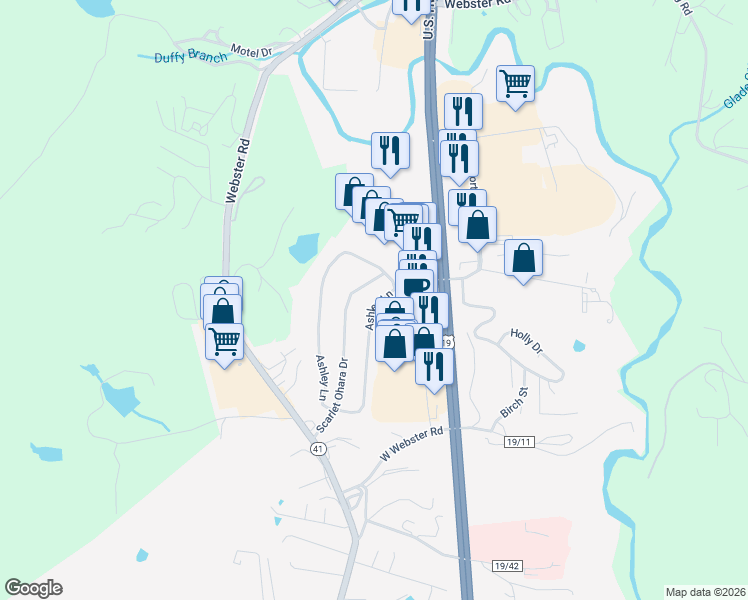 map of restaurants, bars, coffee shops, grocery stores, and more near 437 Ashley Lane in Summersville