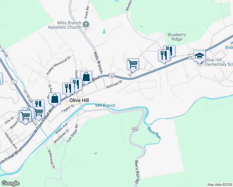 map of restaurants, bars, coffee shops, grocery stores, and more near 416 Cs-2031 in Olive Hill