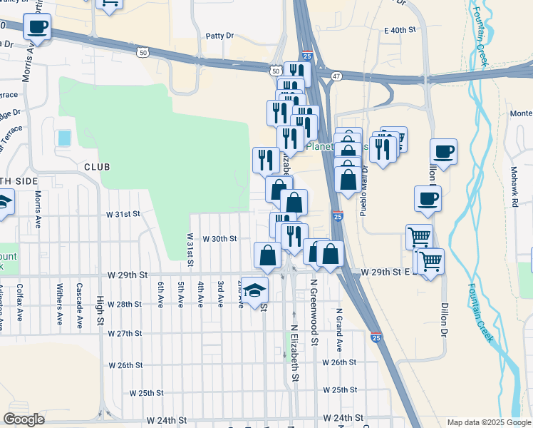 map of restaurants, bars, coffee shops, grocery stores, and more near 3035 N Elizabeth St in Pueblo