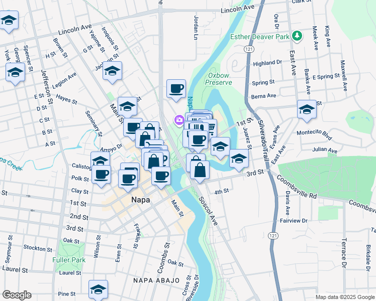 map of restaurants, bars, coffee shops, grocery stores, and more near 746 1st St in Napa