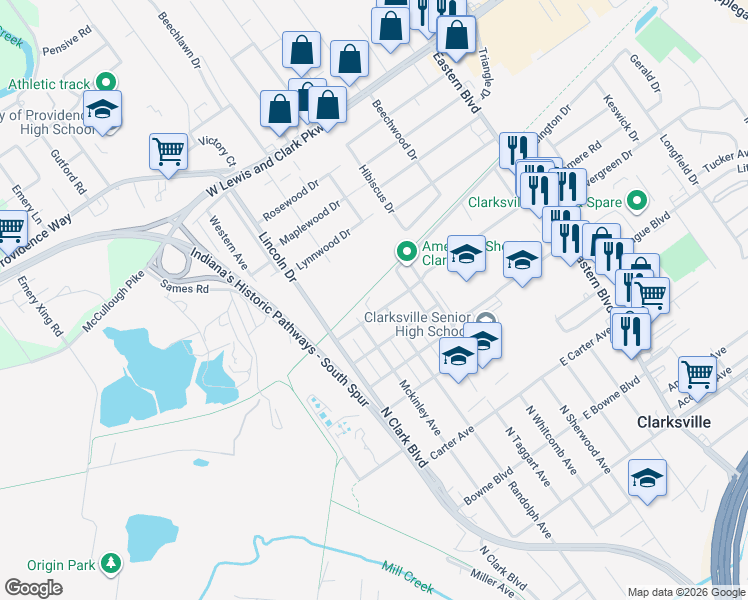 map of restaurants, bars, coffee shops, grocery stores, and more near 1111 Randolph Avenue in Clarksville