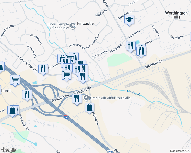 map of restaurants, bars, coffee shops, grocery stores, and more near 11514 Maple Brook Drive in Louisville