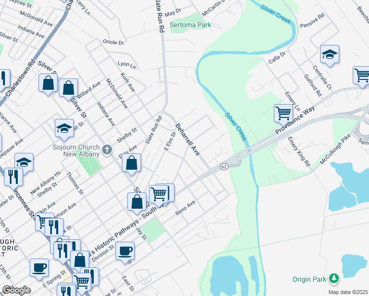 map of restaurants, bars, coffee shops, grocery stores, and more near 2411 Spring Avenue in New Albany