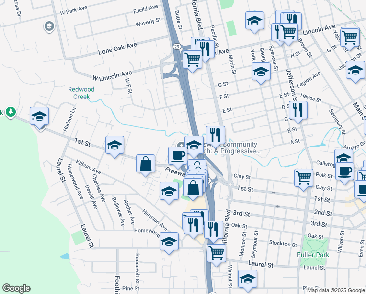 map of restaurants, bars, coffee shops, grocery stores, and more near 2590 1st Street in Napa