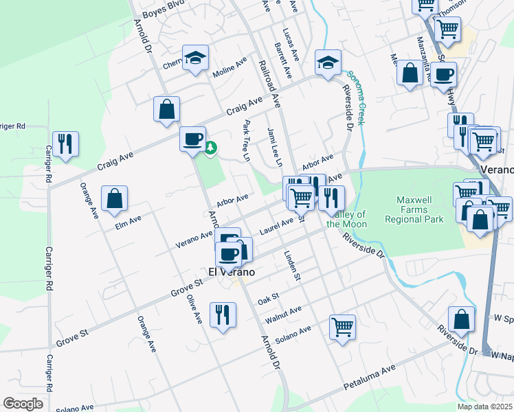 map of restaurants, bars, coffee shops, grocery stores, and more near 827 Verano Avenue in Sonoma