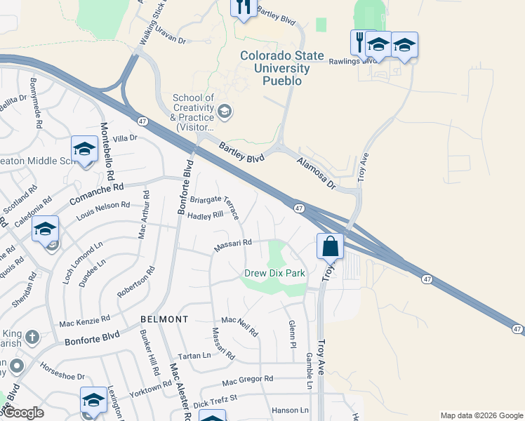 map of restaurants, bars, coffee shops, grocery stores, and more near 17 Carefree Lane in Pueblo