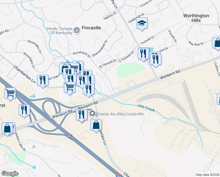 map of restaurants, bars, coffee shops, grocery stores, and more near 3906 Accomack Drive in Louisville