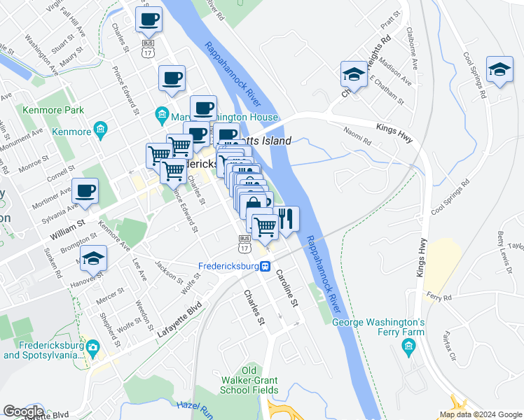 map of restaurants, bars, coffee shops, grocery stores, and more near 108 Charlotte Street in Fredericksburg