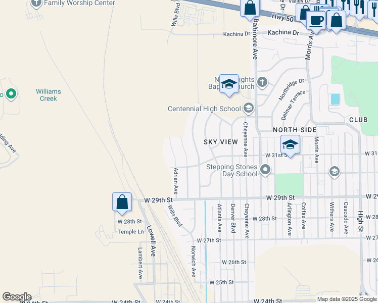 map of restaurants, bars, coffee shops, grocery stores, and more near 3110-3112 Norwich Avenue in Pueblo