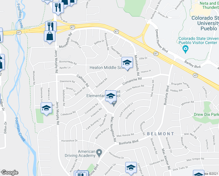 map of restaurants, bars, coffee shops, grocery stores, and more near 62 Caledonia Road in Pueblo