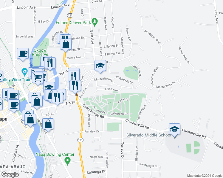 map of restaurants, bars, coffee shops, grocery stores, and more near 50 Julian Avenue in Napa