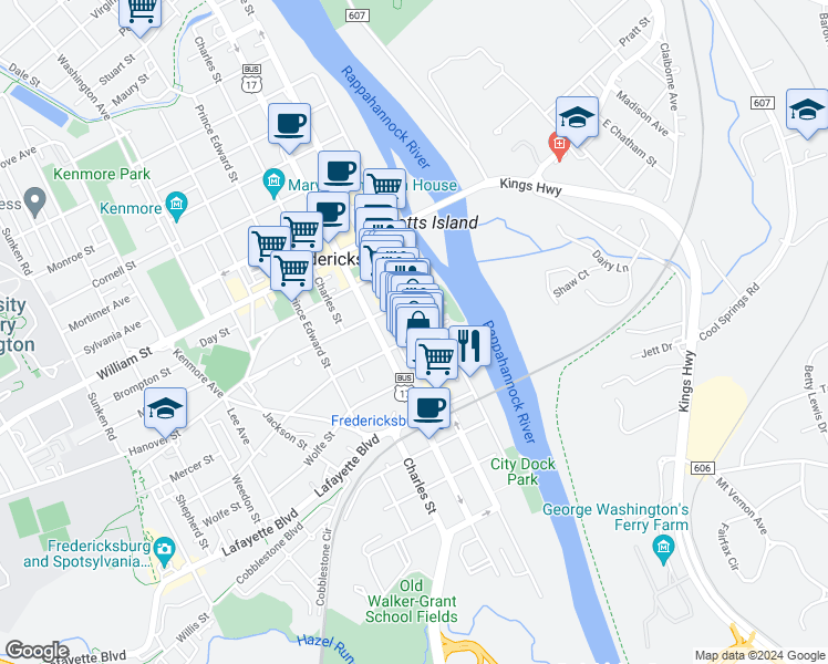 map of restaurants, bars, coffee shops, grocery stores, and more near 703 Caroline Street in Fredericksburg